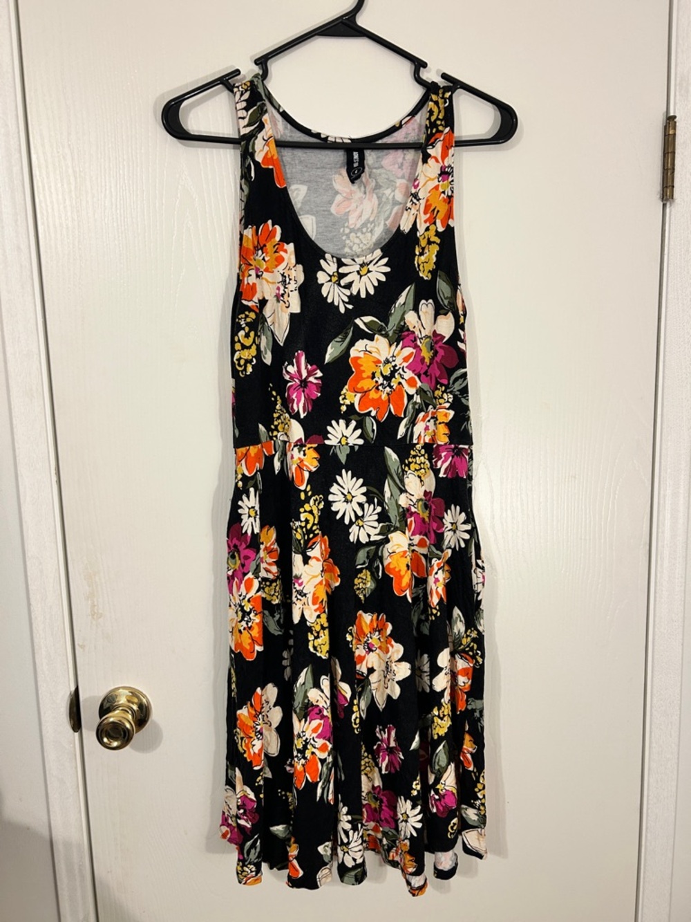 Agnes & Dora Black Midi Dress with Orange, Pink & Cream Floral Print